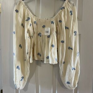 Altar'd State Cream Blouse with Blue Floral Embroidery